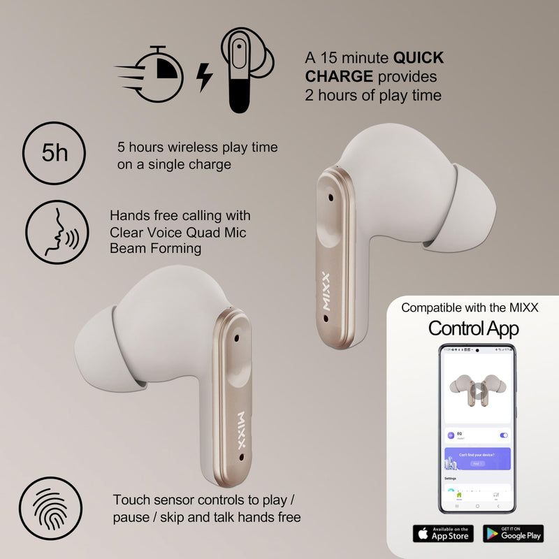 MIXX StreamBuds Custom 3 True Wireless Earbuds with Charging Case – 24hr Playtime, Quick Charge, App Control, Clear Voice Quad Mic, Noise Isolation – Bluetooth 5.3, Zinc Alloy Case - Champagne