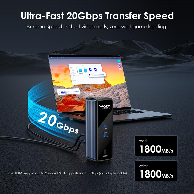 WAVLINK M.2 SSD Enclosure, 20Gbps Dual NVMe Enclosure for NVMe M-Key/B+M-Key SSDs, Tool-Free M.2 Enclosure for PCIe 2230/2242/2260/2280, RAID 0, PD 20W, with Active Cooling Fan, up to 8TB per Drive 20Gbps No Offline Cloning