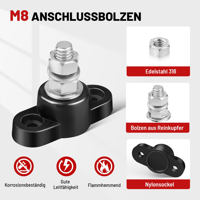 RED WOLF M8 Connection Bolts 150 A 12 V, Battery Terminal Blocks Busbar for Car Truck Motorhome Boat Power Distribution Clamp Block Pack of 2 Single Bolt Busbars