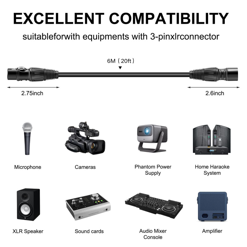 [AUSTRALIA] - XLR Cables, 20ft Microphone Cable, 3 Pin XLR Balanced Male to Female Mic Cord, XLR Speaker Cable, Black 20 Feet 