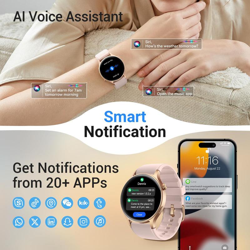Fitpolo Smart Watch for Women,1.3" AMOLED Touchscreen Fitness Tracker, Make/Answer Calls, Heart Rate SpO2 Monitor, 3ATM Waterproof, Sleep & Activity Tracking Smartwatch for Android Phones iPhone Rose Gold