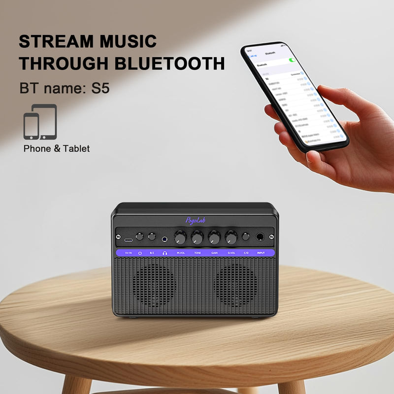 [AUSTRALIA] - Portable Electric Guitar Amplifier, PogoLab Mini 10W Dual Speakers Bluetooth Amp with Rechargeable Battery (5H Play), Clean/Distortion Effects, Headphone Output for Electric Guitar Practice Anywhere Black Purple 