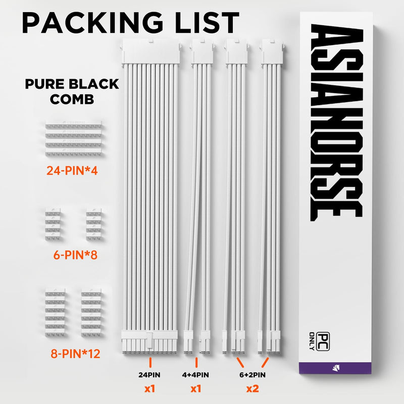 AsiaHorse 16AWG PSU Cable Extension Sleeved Custom Mod GPU PC Audio Video Power Supply Soft Braided Cables with Two Color Comb Kit 24P/8P to 6+2P/ 8P to 4+4P 30CM Snow White