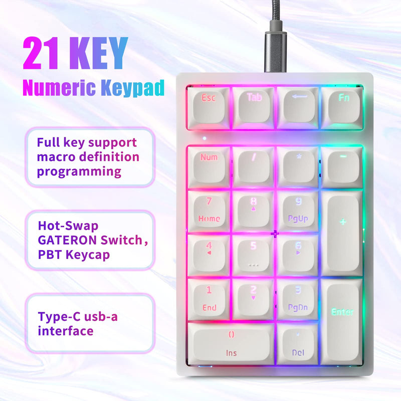 [AUSTRALIA] - MOTOSPEED Mechanical Numeric Keypad Hot-Swap GATERON Switch Wired Gaming Keypad RGB Backlit PBT Keycap 21 Keys Mini Numpad Portable Keypad Extended Layout(Gateron Blue) classic White blue switch 