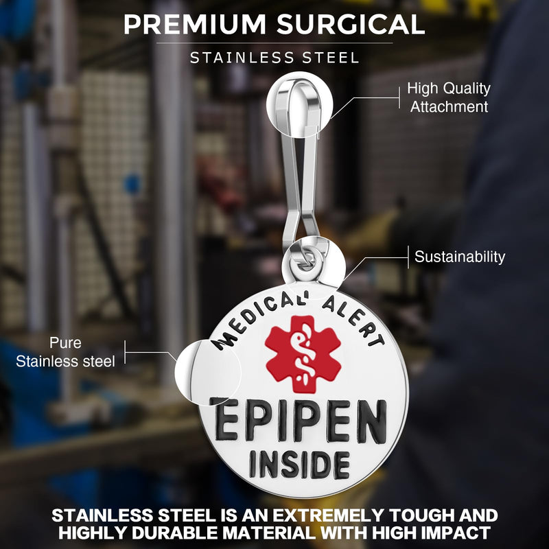 Divoti EpiPen Inside Bag Tag 1.25" with Quick Clip | Pre-Engraved, Dual-Sided & Bold Lettering - Stainless Steel & Heavy-Duty Construction - Medical Alert ID Tag for Emergency 1 Unit: Stainless Steel / Dual-sided 1.25" Quick Clip
