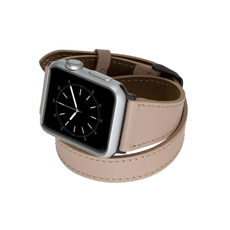 Venito Serena Slim Double Wrap Leather Watch Band Compatible with Apple Watch iwatch Series 1, 2, 3, 4, 5, 6, 7, SE (Nude Pink w/Black Stainless Steel Hardware, 42mm-44mm)