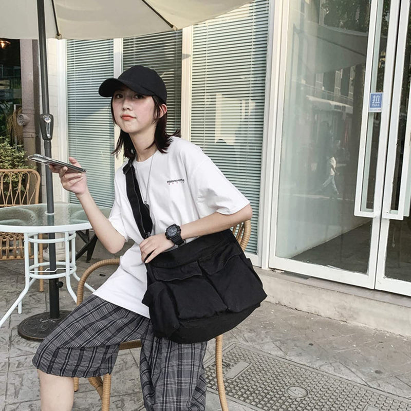 Aesthetic Cute Messenger Bag for School Vintage Black Canvas Crossbody for Women Shoulder Laptop Bag