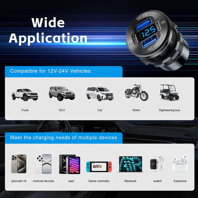 2 Pack 12V USB Outlet 4 Port Car Boat Marine Charger Voltmeter | 2 USB‑C PD & 2 USB‑A QC3.0 fast charging, aluminum flush mount, waterproof, 12V/24V for RV Truck Golf Motorcycle 2PD+2USB(2Pack)