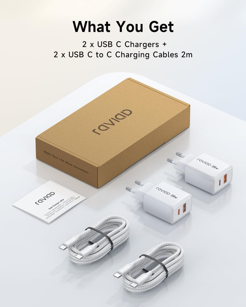 RAVIAD 20 W USB C Charger Pack of 2, [USBC + USBA] Fast Charger with USB C Cable 2 m, Mobile Phone Power Supply Type C with 2 Ports, Compatible with iPhone 16 15 Pro Max, Samsung Galaxy S25 S24 S23 2 pack