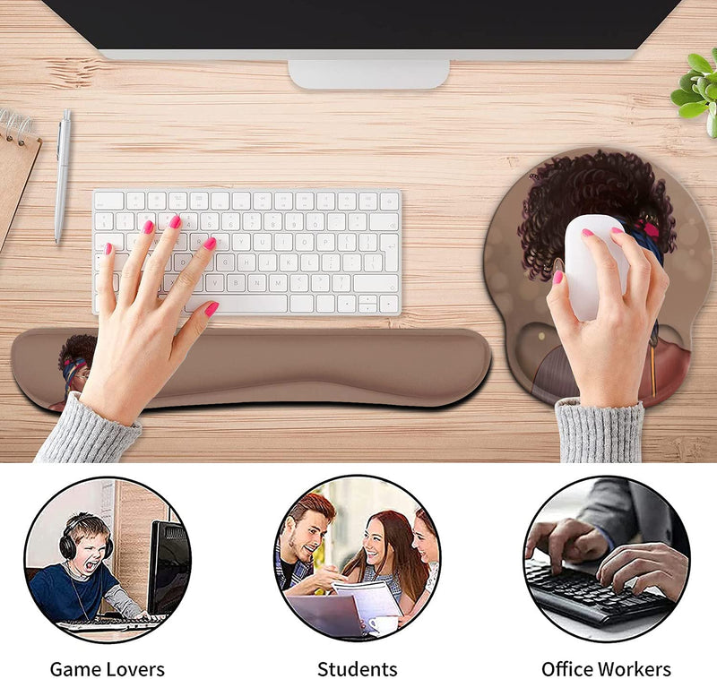 Ergonomic Mouse Pad Wrist Support Gel and Keyboard Wrist Rest Set for Laptop, Mac, Gaming and Office, Durable, Comfortable and Pain Relief + Coaster , African American Women Girl