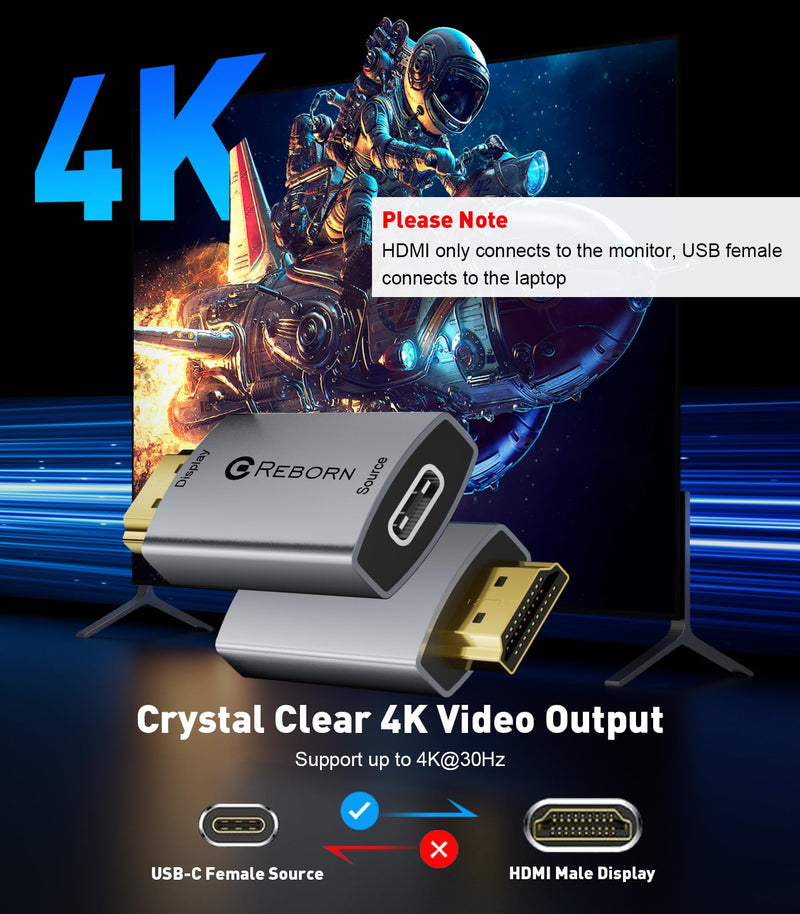 [AUSTRALIA] - Reborn USB C Female to HDMI Male Adapter | 4K Uni-Directional USB Type C Source to HDMI 2.0 Display Converter Thunderbolt 3/4 to HDMI for MacBook Pro/Air, Galaxy S8 to S23, Surface - 1 Pack 