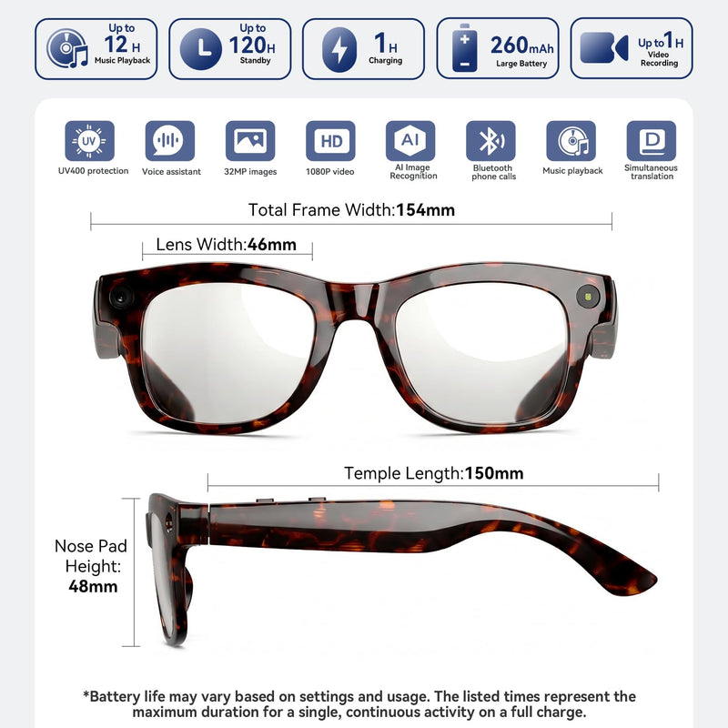 AI Smart Glasses with HD Camera, BT Call, 8MP Anti-Shake Camera Glasses with 1080P Video Recording Dual Mic, Simultaneous Interpretation/GPT Identify Objects, Photochromic Lens Leopard Print