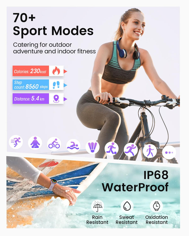 Smart Watches for Women(Answer/Make Calls), 1.27'' AMOLED Screen Activity Trackers with Heart Rate/Sleep/SpO2 Monitor, Smartwatch for iPhone/Samsung/Android,120+ Sport IP68 Fitness Watch 2Bands Violet