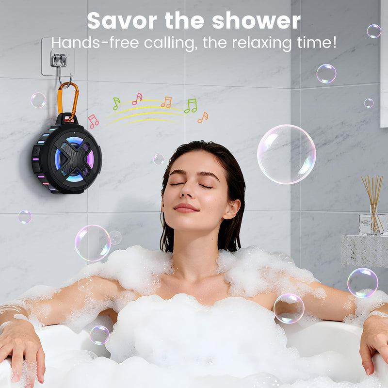 [AUSTRALIA] - Upgraded, IP67 Waterproof Bluetooth Speaker, Silicone Case,10W Pro Sound&Deep Bass,24H Playtime, with Lights,Clip,Floating,for Shower,Beach essentials, Kayak Paddle Board Boat Lake Camping accessories A-Black 