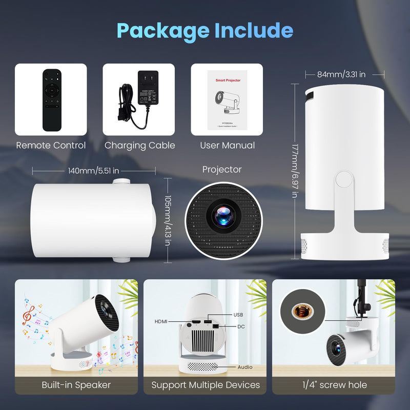 [AUSTRALIA] - Mini Projector with WiFi and Bluetooth, 4K 1080P Support Portable Projector with Speaker, 110'' Big Screen Projection, Auto Keystone, 180° Rotatable Smart Projector for Phone/TV Stick/Laptop White. 