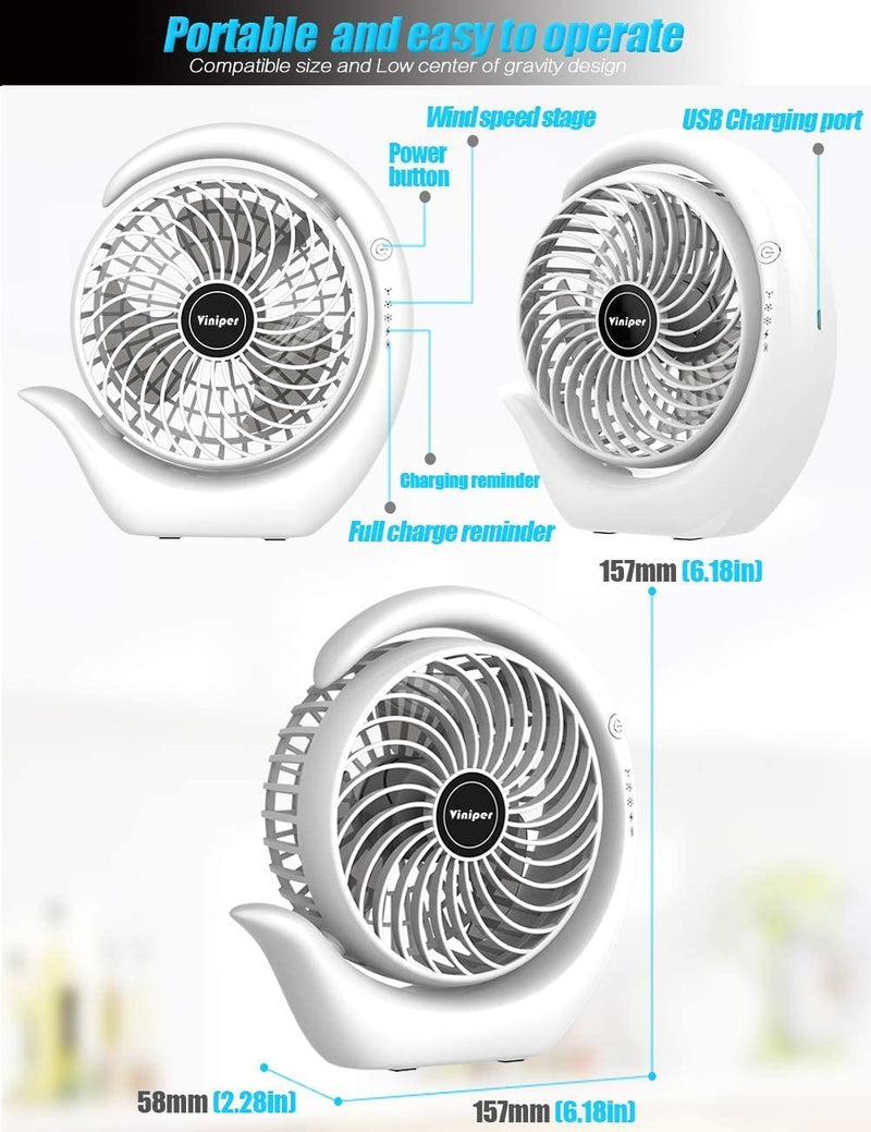 viniper Portable Rechargeable Fan, Small Desk Fan : 3 Speeds & 8-24 Hours Longer Working, 180° Rotation, Portable USB Battery Fan for Office/Home (Black-Blue) 6.2 inch Black blue