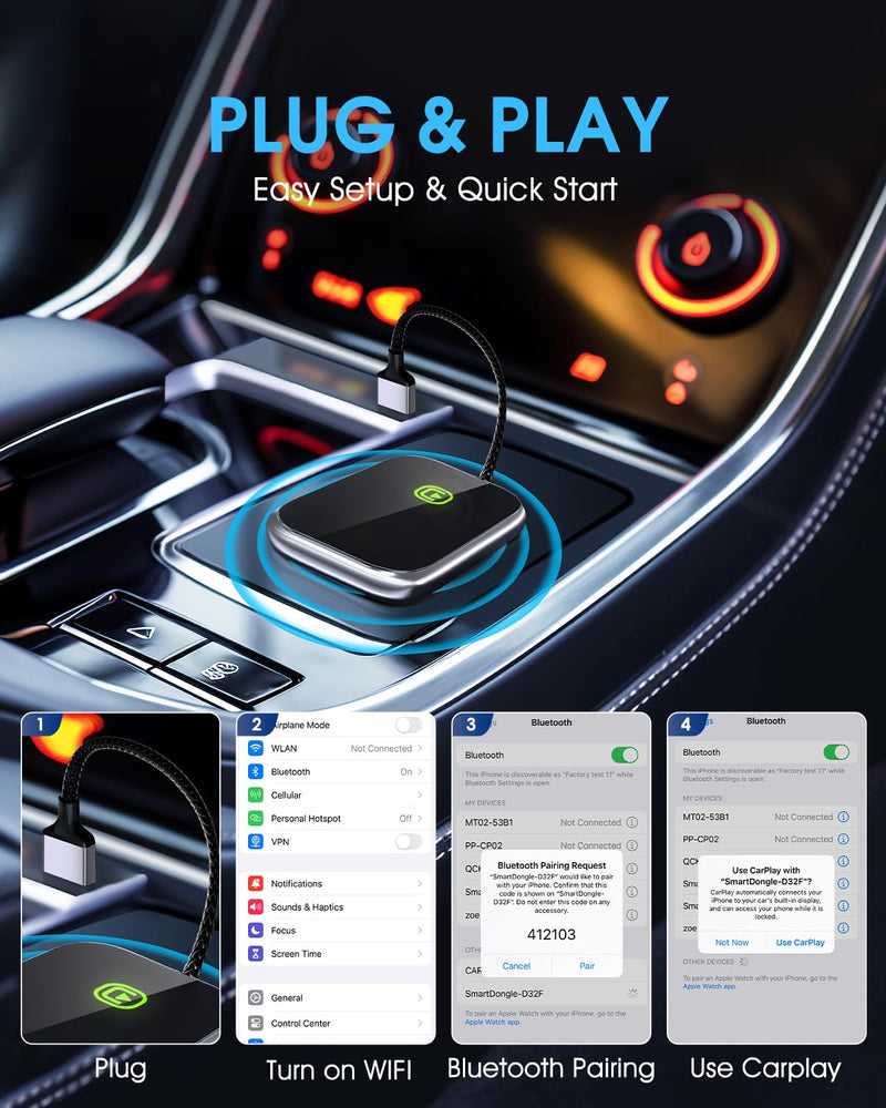 Wireless CarPlay Adapter - Fast & Stable Connection for Carplay Wireless Adapter Convert Factory Wired to Wireless CarPlay Dongle Plug & Play Car Play Fit for iPhone iOS 10+ (Grey) Grey
