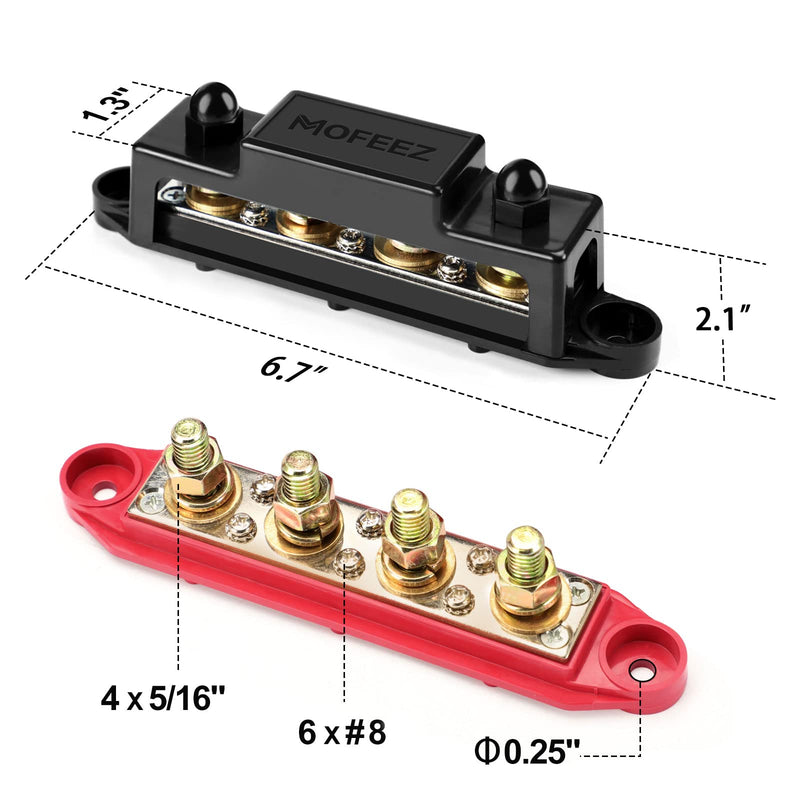 [AUSTRALIA] - MOFEEZ Power Distribution Block Bus Bar, 4 x 5/16" Posts, 6 x #8 Screws Terminals, Max 48V 250A (Pair, Red & Black) 4*5/16" 