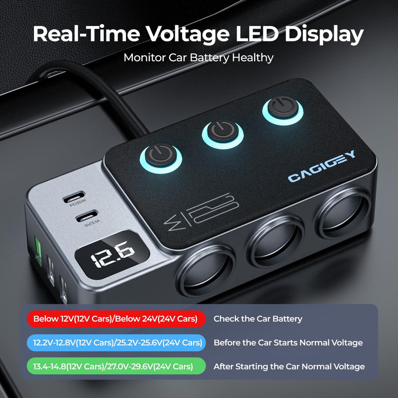 120W 8 in 1 Cigarette Lighter Splitter,Cagigey Car Super Fast Charger Adapter with Type-C QC3.0 PD35W Charging,Multi Port Plug Outlet,Independent Switches, LED Display,3.3FT Cable