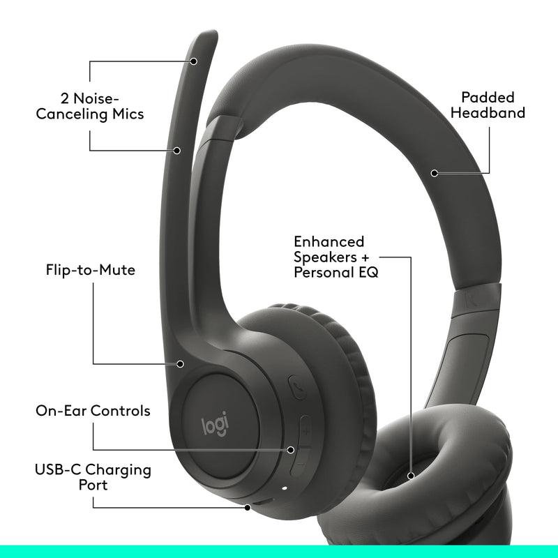 Logitech Zone 301 Wireless Bluetooth Headset - Graphite | Noise-canceling microphone, compatible with Windows, Mac, Chrome, Linux, iOS, iPadOS, Android