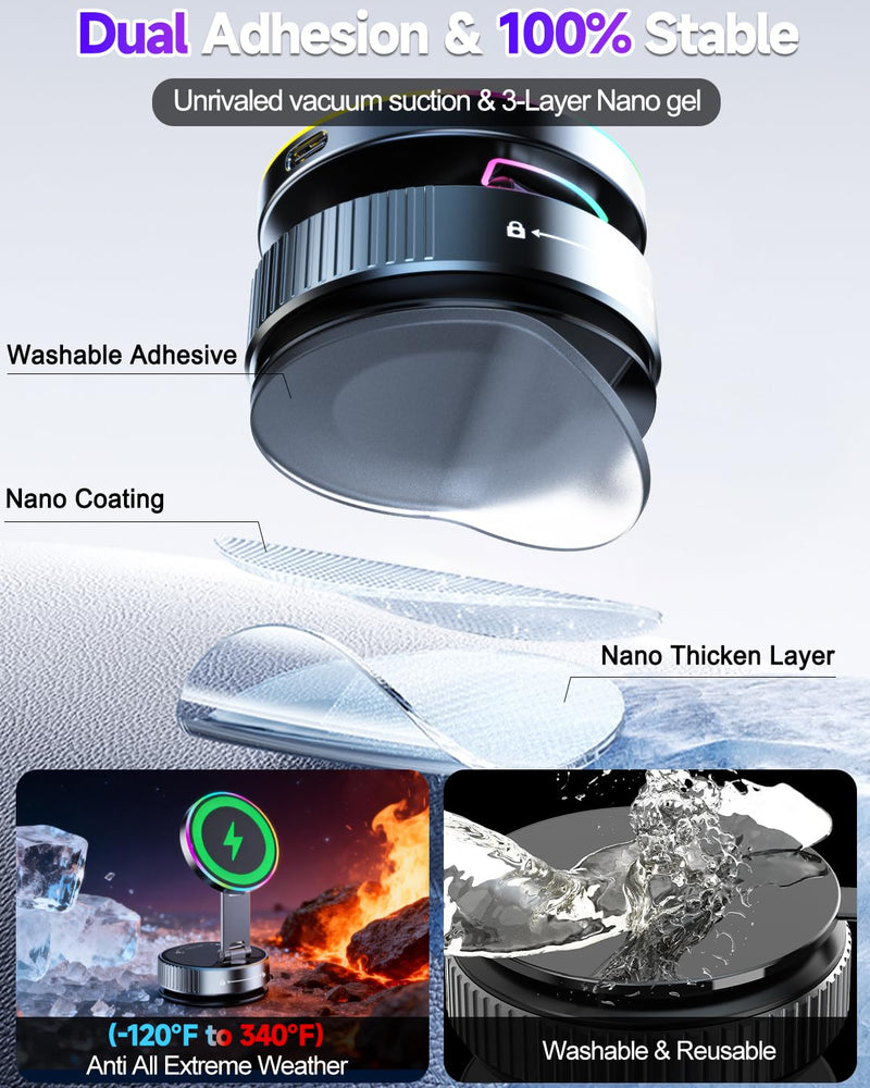 for Magsafe Car Mount Charger 15W Fast Charging Wireless Car Charger Holder | [120LBS Suction &3800gf Magnet] 780° Adjustable, Vacuum Magnetic Phone Holder for Your Car for iPhone & Android, Metal Stand