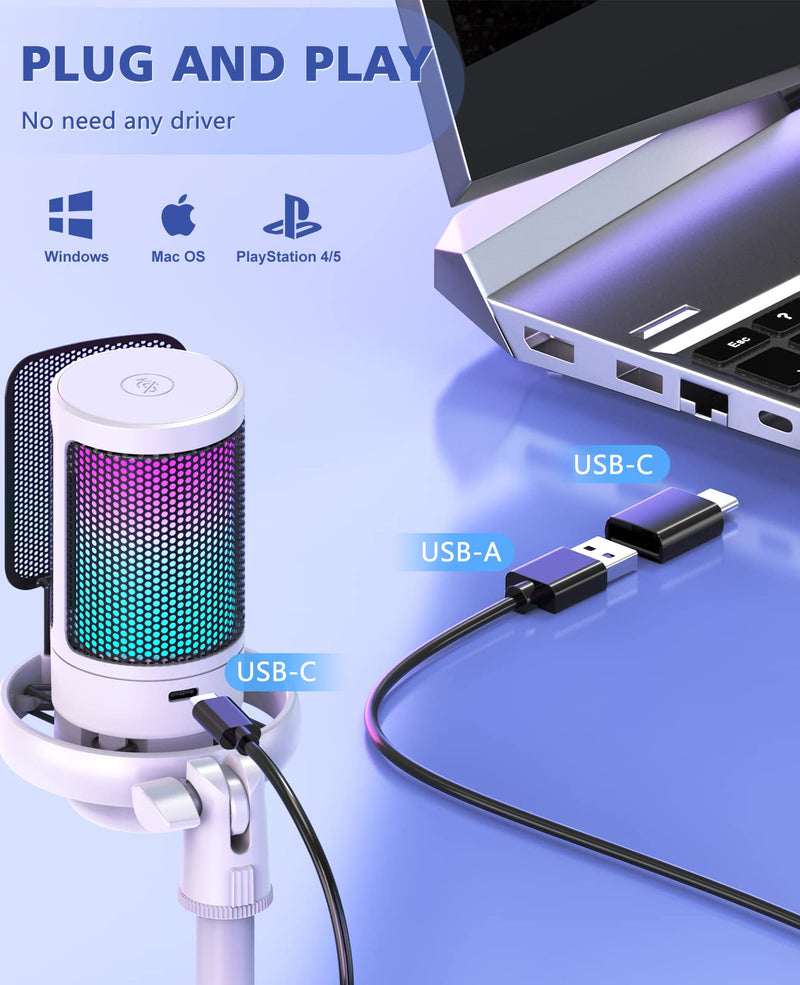 [AUSTRALIA] - NJSJ USB Microphone for PC, Gaming Mic for PS4/ PS5/ Mac/Phone,Condenser Microphone with Touch Mute, RGB Lighting,Gain knob & Monitoring Jack for Streaming,Podcasting (with Desktop Stand, White) With desktop stand 
