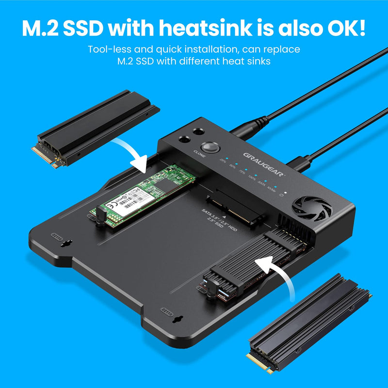GRAUGEAR NVMe M.2 & SATA SSD/HDD Hard Drive Docking Station, USB-C 10Gbps NVMe Reader, SATA to M.2 NVMe Cloner, 2.5/3.5 SATA Enclosure Lay-Flat Clone Station, Dual Bay Offline Clone