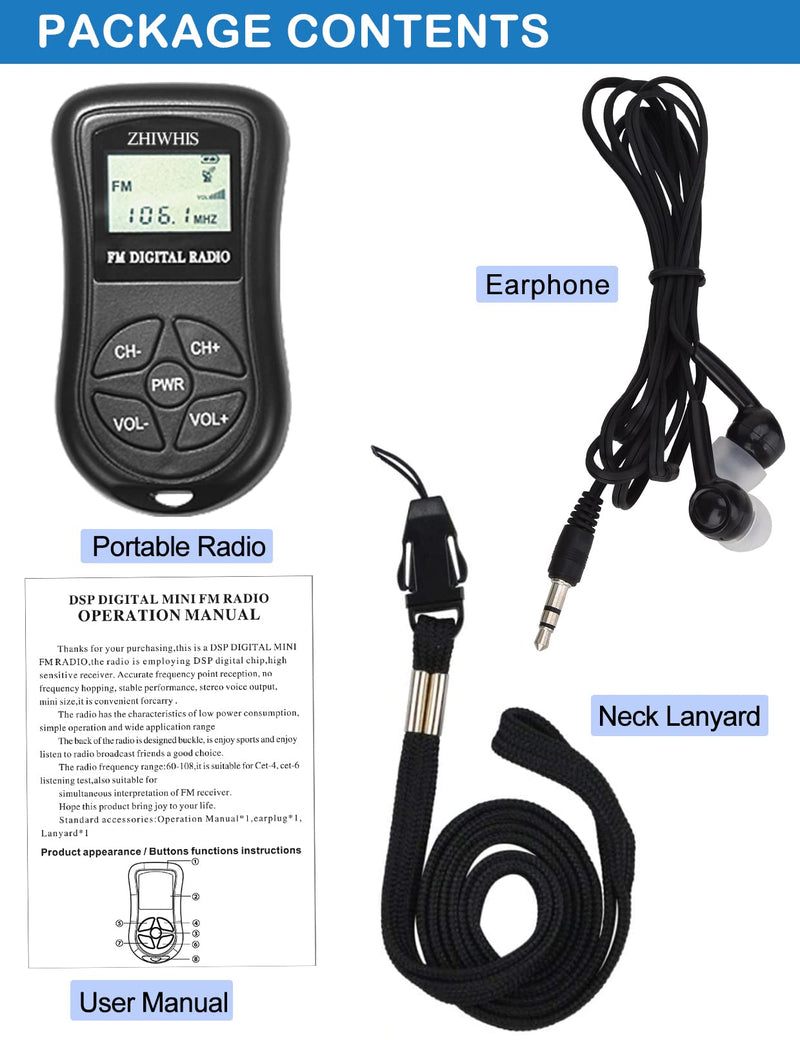 ZHIWHIS Mini Portable FM Radio, Stereo LCD Digital Display Tuning Pocket Walkmen Transistor Conference Receiver with Earphone, Small Pocket Radio Operated by AAA Batteries for Walking/Running Batteries not included