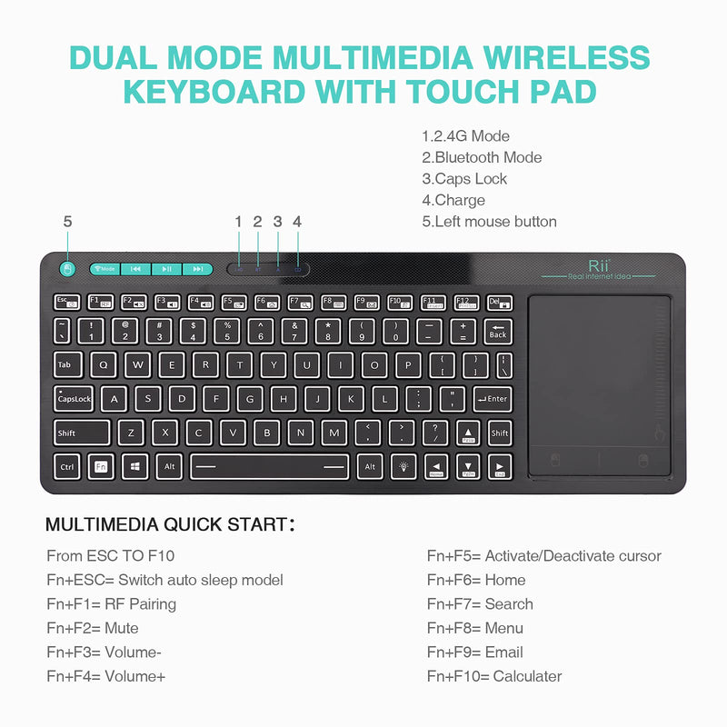 (Dual Mode) Rii RT518S Wireless and Bluetooth 2-LED Color Backlit Multimedia Keyboard with Multi-Touch Big Size Trackpad,Rechargable Keyboard for Android TV Box,PC,Tablets,Smart TV, HTPC, IPTV,Windows 2.4GHz+Bluetooth