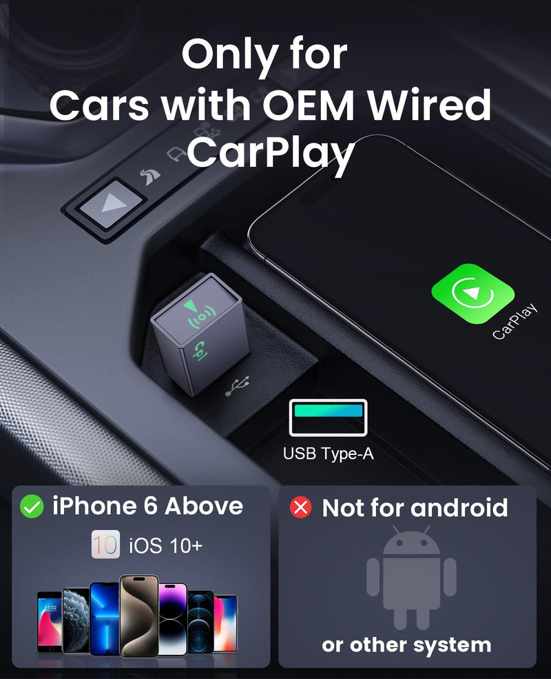 Wireless CarPlay Adapter for iPhone, Apple CarPlay Wireless Adapter 2024, Plug & Play Conversion from Wired to Wireless Bluetooth CarPlay, No Latency for iOS 10+ and Cars from 2016, USB Tpye A USB Type A