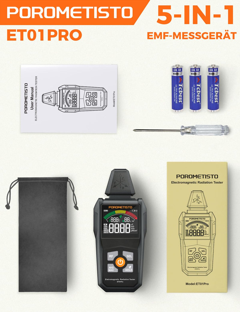 5-in-1 EMF Meter ET01PRO, Simultaneous Display of EF/MF/RF/TEM/HUM, Electrosmog Meter with Maximum, Minimum Value Display and Data Storage, Suitable for Office, Home and Ghost Hunting