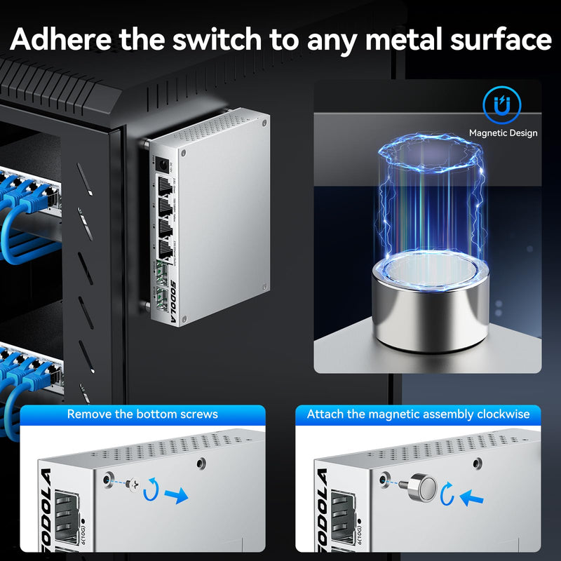 SODOLA 2.5Gb Switch,4 x 2.5G Base-T Ports, 2 x 10G SFP+ | Aluminum Alloy Cooling & Magnetic Mounting,2.5 Gigabit Network Switch Fanless Plug & Play, Unmanaged Multi-Gigabit Switch 4