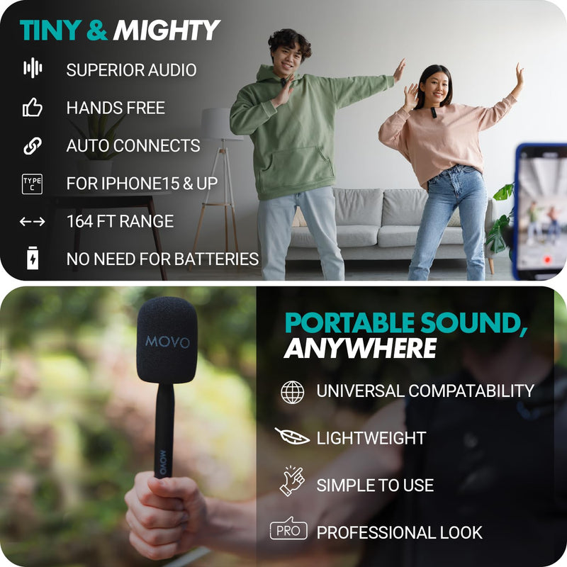 [AUSTRALIA] - Movo Wireless Mini UC Ultra Compact Wireless Lavalier Microphone for iPhone 15/16/17 and up with WMX-HM Handheld Adapter - Lapel Mic with Handle Mount for Content Creators, Interviews, Reporting USB-C 