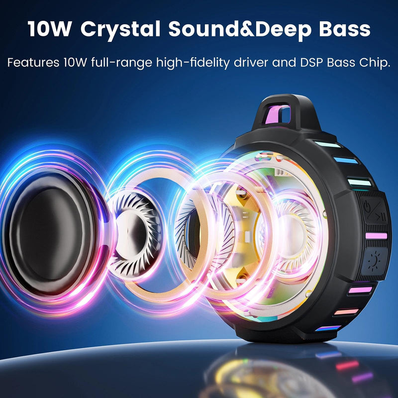 [AUSTRALIA] - Upgraded, IP67 Waterproof Bluetooth Speaker, Silicone Case,10W Pro Sound&Deep Bass,24H Playtime, with Lights,Clip,Floating,for Shower,Beach essentials, Kayak Paddle Board Boat Lake Camping accessories A-Black 