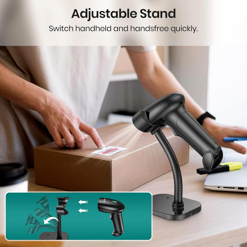 Barcode Scanner with Stand, Bluetooth and Wireless Barcode Scanner, Inventory 2D 1D QR Code Scanners for Computer POS, Handheld CMOS Image Bar Code Reader for Warehouse Library Supermarket Gray