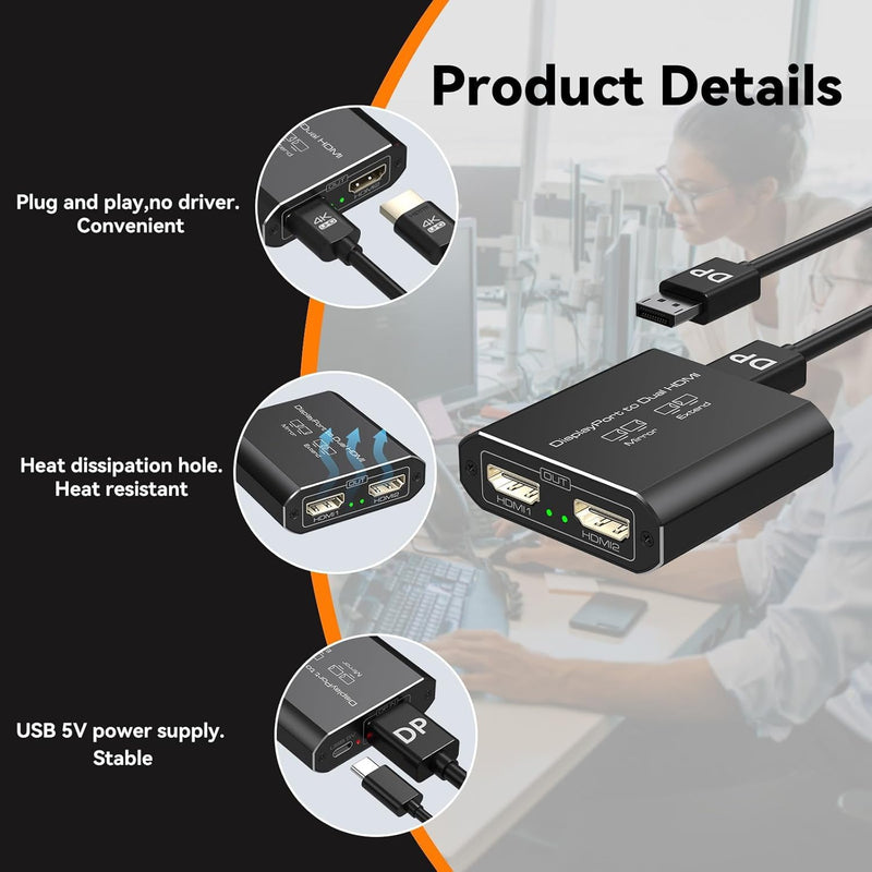 Displayport to Dual HDMI Splitter Extended for Double Screen 4K@60Hz Display Port to 2 HDMI Adapter for Computer Graphics Cards Support MST & SST Mode Jet Black DP TO 2 HDMI