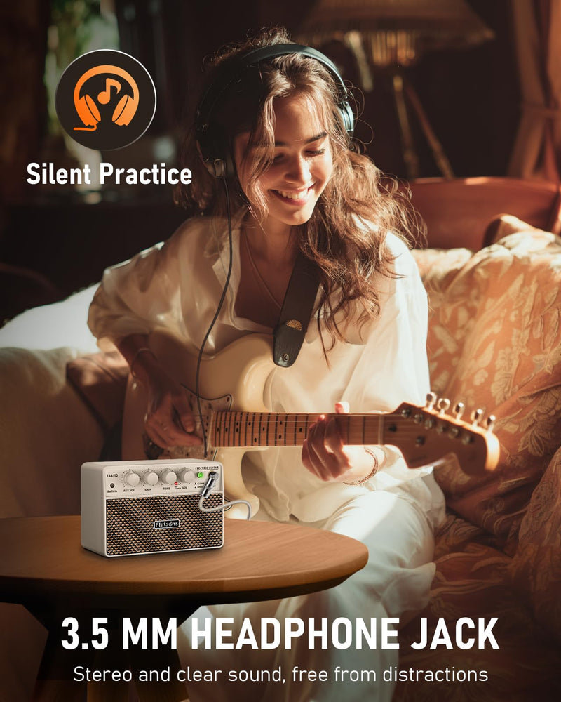FBA-10 Guitar Amp, 10W Mini Electric Guitar Amplifier with Clean/Drive Channel, 6H Working, USB-C Rechargeable, 3.5mm Headphone/AUX Jack, Wireless Portable Amp for Indoor Practice (White) White