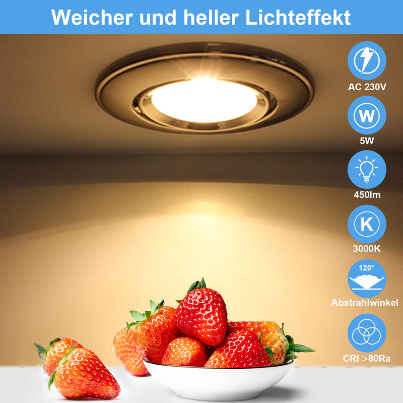 HiBay Set of 4 LED Recessed Spotlights GU10 Mounting Frame 5 W Warm White LED Spotlight 230 V Brushed Stainless Steel Round Includes GU10 Socket