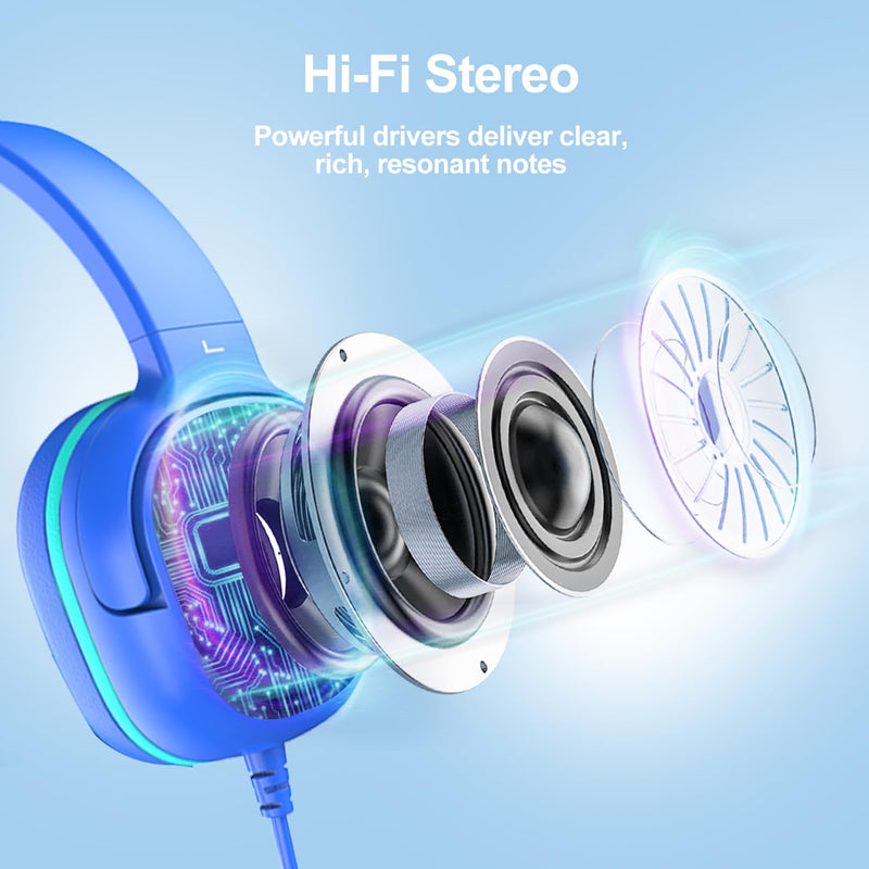[AUSTRALIA] - Kids Headphones for School, 3.5mm Jack Wired Headphones for Kids with Safe Volume Limiter, HD Stereo Sound On-Ear Girls Boys Toddler Headphones for Tablet, iPad, Kindle(Blue) Blue 