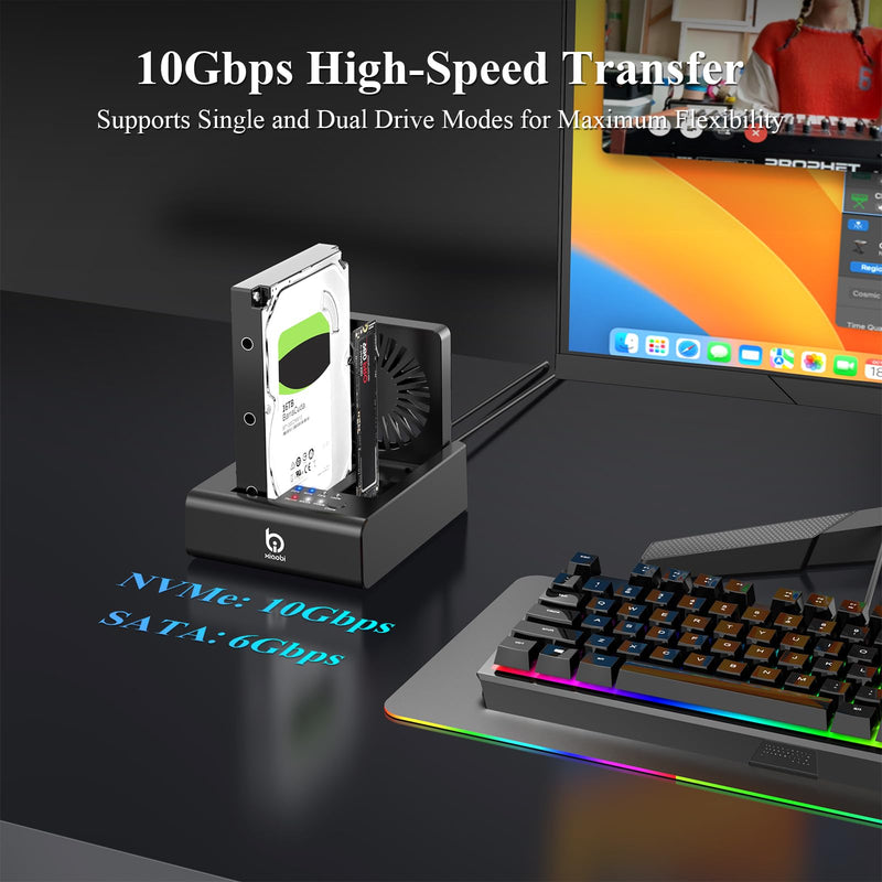 M.2 NVMe & SATA HDD Docking Station, Offline Cloning, Cooling Fan | 10Gbps USB3.2 Gen2 SSD Cloner for M.2 NVMe SSD + SATA 2.5”/3.5” HDD Converter, Tool-Free Black 2 Bay
