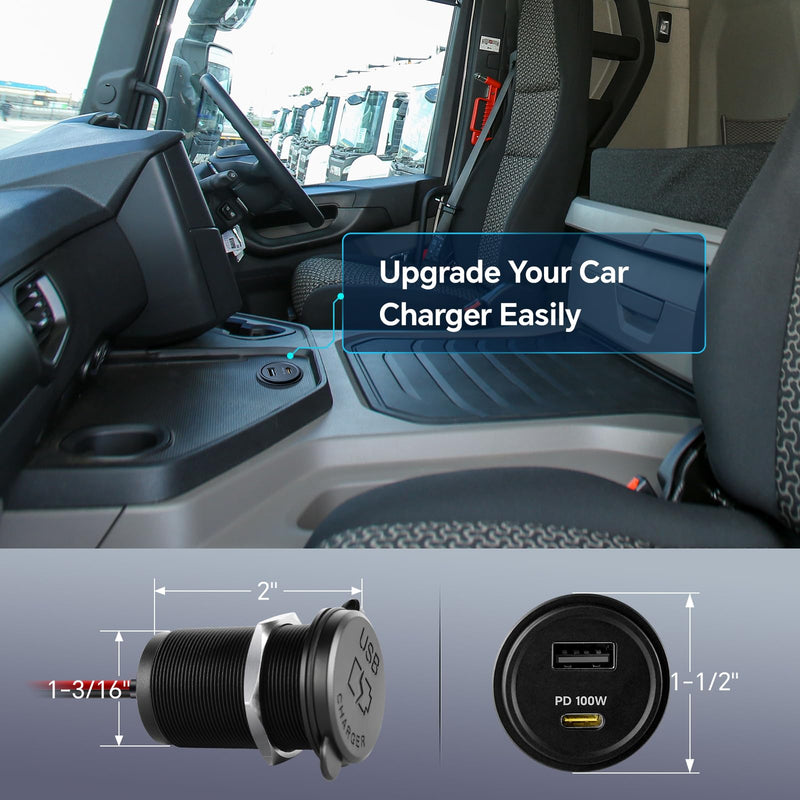 118W 12V USB Outlet, 100W Type-C PD3.0 Laptop Car USB C Socket | 100W+18W Fast charging, PD3.0+QC3.0, All Aluminum Design, Cigarette Lighter Replacement, For RV Boat Truck Van Car Camper 2Pcs