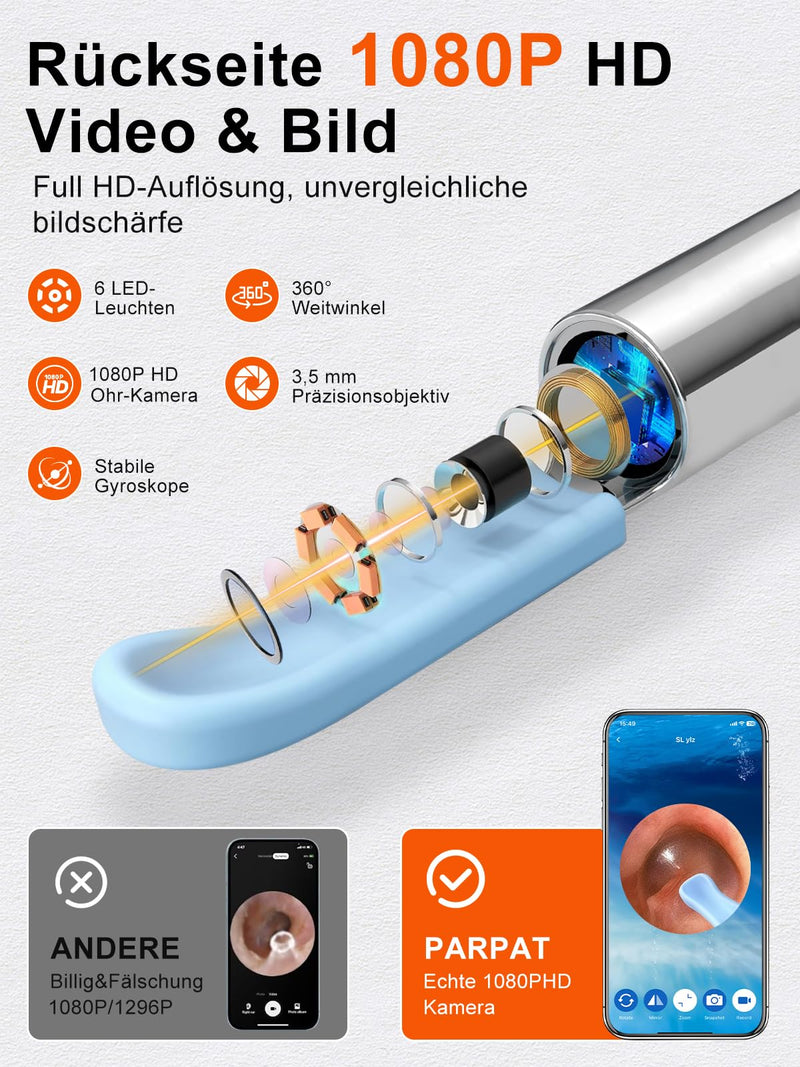 Earwax Remover, PARPAT Ear Cleaner Otoscope with 1080P HD Camera, IP67 Waterproof Ear Mirror 360° Wide Angle 6 LEDs Otoscope with Light, Earwax Removal Kit for iPhone, iPad, Android S16
