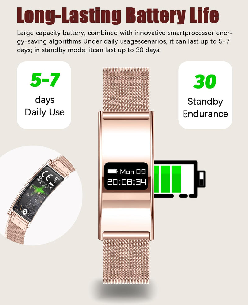 Smart Bracelet for Women Men Ultra-Thin Fitness Tracker for Android & iOS | Wearable Activity,100m Waterproof,24/7 Health Monitoring Heart Rate,Sleep Monitor,100+ Sports modes,30 Days Battery,3 Bands Rose Gold Mesh Strap