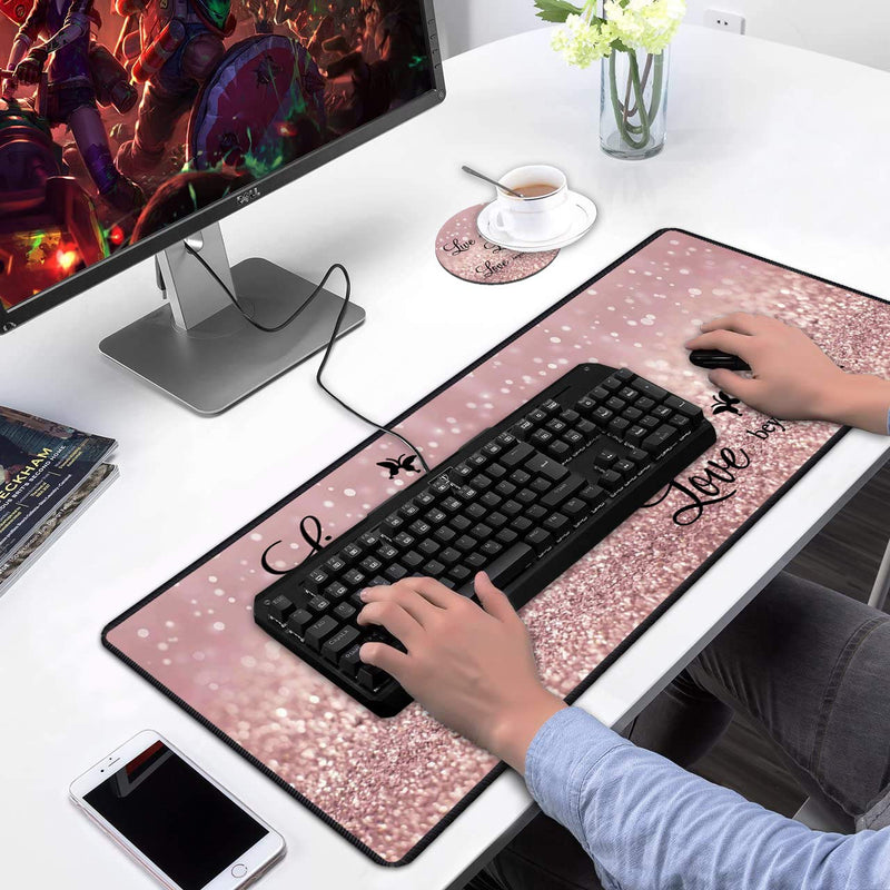 Desk Pad Mat Gaming Mouse Pads with Coasters, 31.5"x 11.8" Large Non-Slip Rubber Base Mousepad with Stitched Edges for Office & Home (Quote Live Every Moment, Laugh Every Day, Love Beyond Words) Quote Live Every Moment, Laugh Every Day, Love Beyond Words