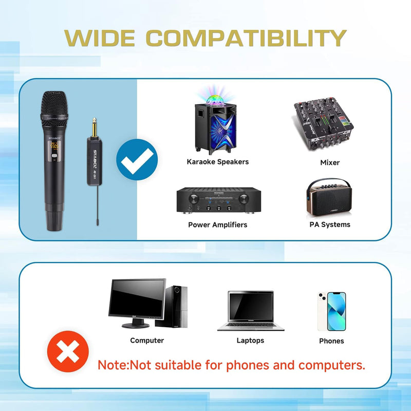 Portable Wireless Microphone for Karaoke Singing, UHF Metal Handheld Dynamic Mic with Rechargeable Receiver, Karaoke Microphone Wireless for Speaker, Singing, Dj, 200ft Range of Cordless Mic System channel 1