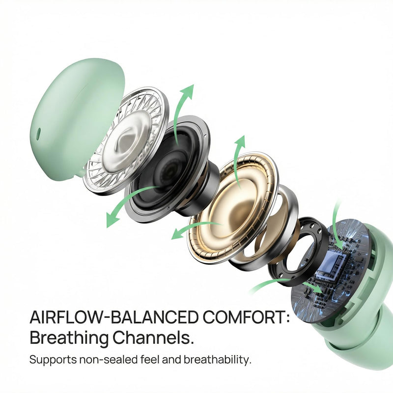 Sleep Earbuds, Bluetooth 5.4 in-Ear Headphones, Peppermint Green | Asymmetric chamber for side sleepers, LED power display, built-in mic, portable charging case