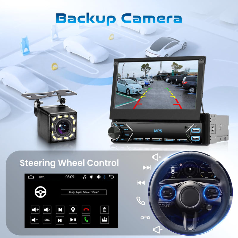 Single Din Flip Out Car Stereo Bluetooth 7 Inch Retractable Touch Screen Car Radio 1 Din Mirror Link/FM/EQ USB/Type-C/AUX SWC, Car Audio Receiver MP5 Multimedia Player with Backup Camera