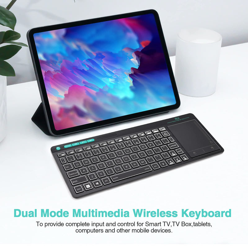 (Dual Mode) Rii RT518S Wireless and Bluetooth 2-LED Color Backlit Multimedia Keyboard with Multi-Touch Big Size Trackpad,Rechargable Keyboard for Android TV Box,PC,Tablets,Smart TV, HTPC, IPTV,Windows 2.4GHz+Bluetooth