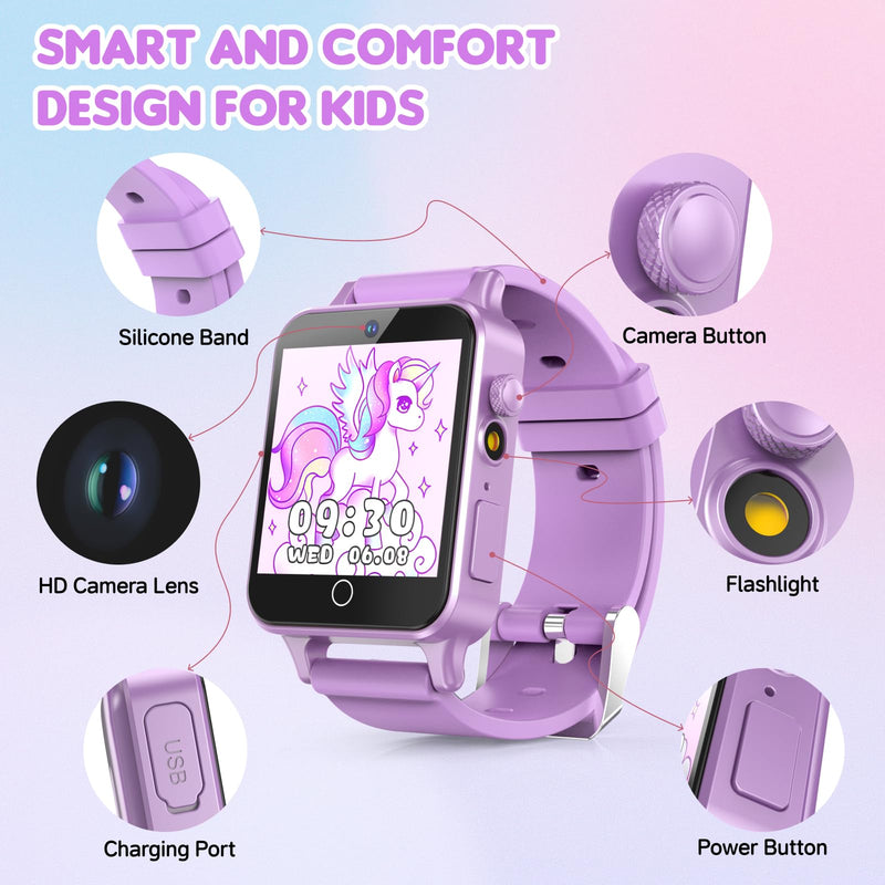 Kids Smart Watch Girls for Age 5-12, HD Camera Toddler Watch Educational Toys Birthday Gifts for Girls Ages 5 6 7 8 9 with Music Player, Alarm Clock, Learn Card, 30 Games, Pedometer Purple