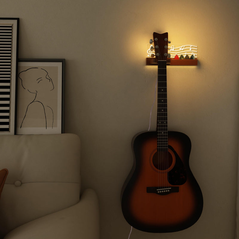 Guitar Wall Mount Stand with LED Lights - Solid Wood & Acrylic USB-Powered Guitar Accessories - Gift for Men, Guitar Players, Music Lovers (for Acoustic, Electric Bass, Ukulele) Warm yellow music note